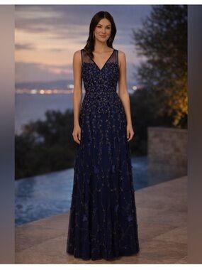 Adrianna Papell Navy Beaded Mesh Gown Floral Formal Dress SZ 18 NWT GALA MOB NYE